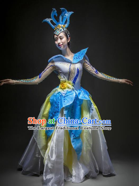 Chinese Modern Dance Stage Costume Traditional Opening Dance Blue Bubble Dress for Women