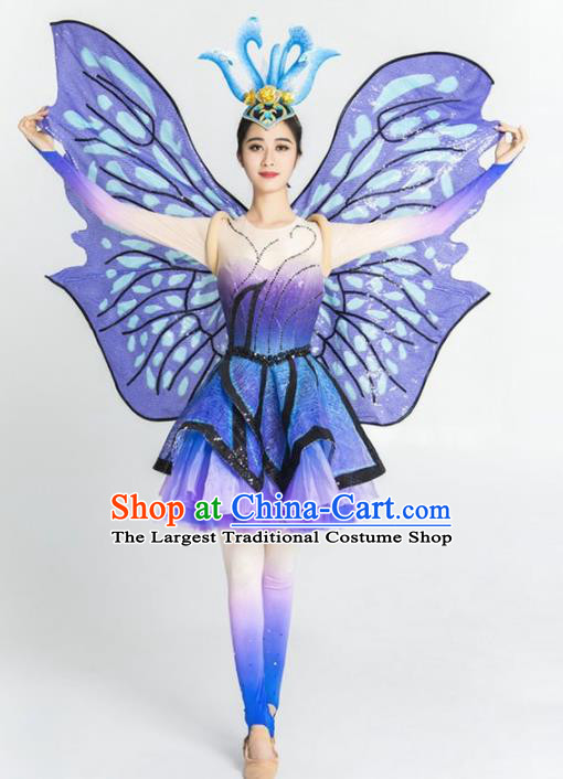 Chinese Modern Dance Stage Costume Traditional Opening Dance Purple Butterfly Bubble Dress for Women