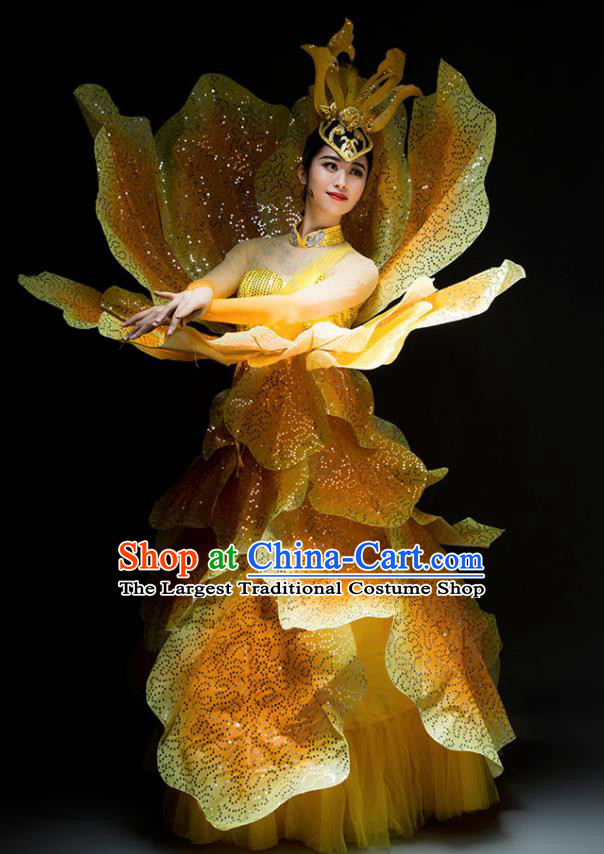 Chinese Modern Dance Peony Dance Stage Costume Traditional Spring Festival Gala Opening Dance Yellow Dress for Women