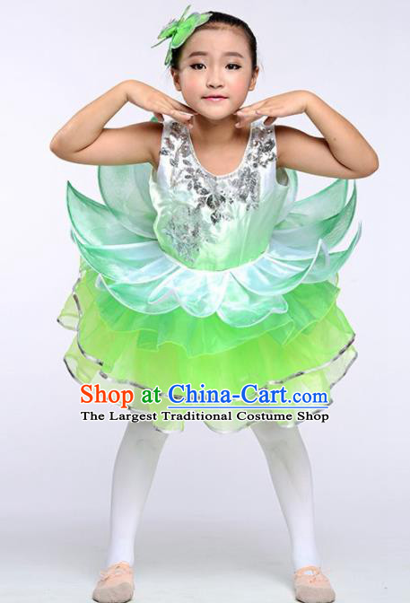 Chinese Modern Dance Stage Performance Costume Opening Dance Green Bubble Dress for Kids