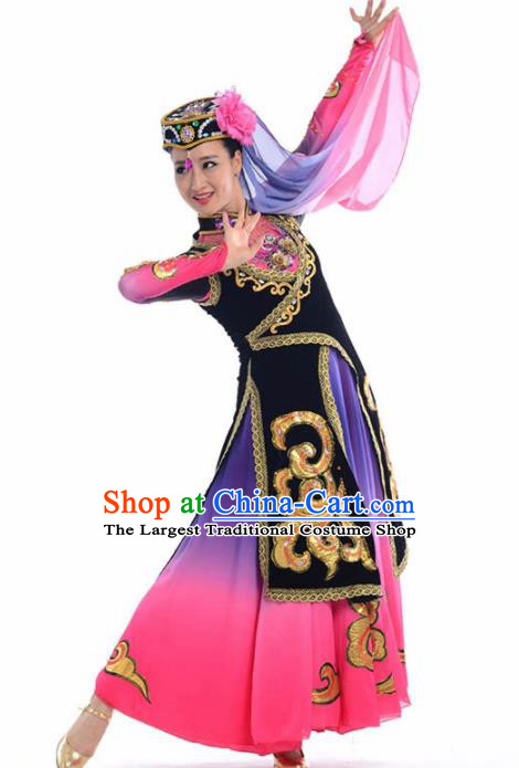 Chinese Traditional Uyghur Nationality Ethnic Dance Rosy Costume Minority Folk Dance Dress for Women