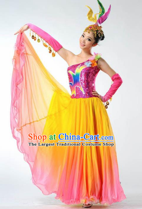 Chinese Modern Dance Stage Costume Traditional Spring Festival Gala Opening Dance Yellow Veil Dress for Women