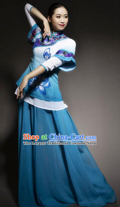 Chinese Classical Dance Blue Dress Traditional Umbrella Dance Stage Performance Costume for Women