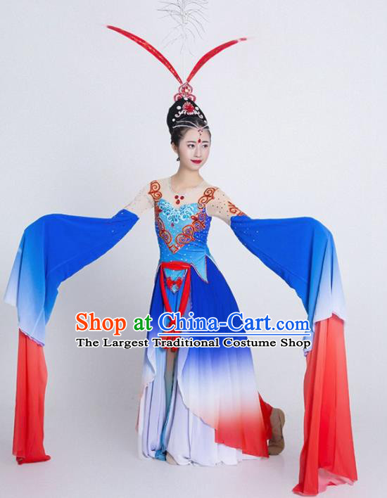 Chinese Classical Dance Blue Water Sleeve Dress Traditional Umbrella Dance Stage Performance Costume for Women