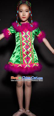 Chinese Evenki Nationality Stage Performance Costume Traditional Ethnic Minority Green Clothing for Kids