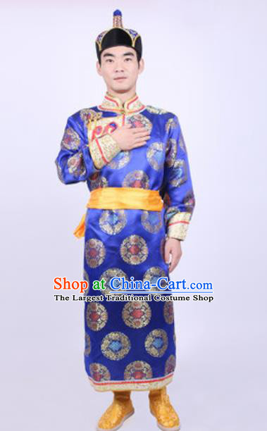 Chinese Mongol Nationality Ethnic Costume Traditional Minority Folk Dance Stage Performance Blue Robe for Men