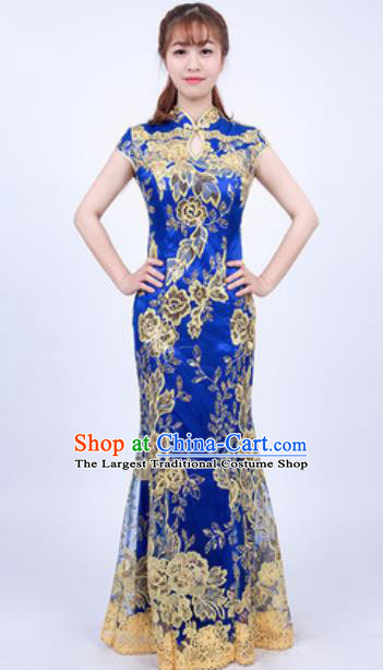 Top Grade Compere Stage Performance Royalblue Full Dress Modern Fancywork Modern Dance Costume for Women