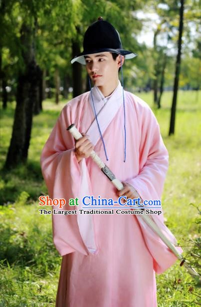 Traditional Chinese Ming Dynasty Historical Costume Ancient Taoist Priest Pink Robe for Men