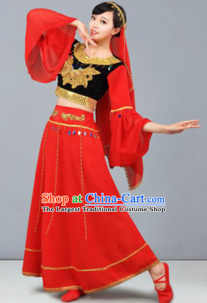 Chinese Uyghur Nationality Ethnic Costume Traditional Minority Folk Dance Stage Performance Red Dress for Women