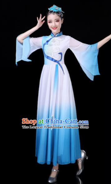 Traditional Chinese Classical Dance Blue Dress Umbrella Dance Stage Performance Costume for Women