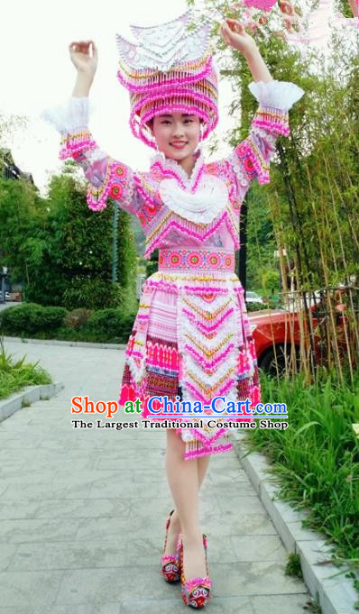 Traditional Chinese Minority Ethnic Folk Dance Embroidery Pink Short Dress Miao Nationality Stage Performance Costume and Hat for Women