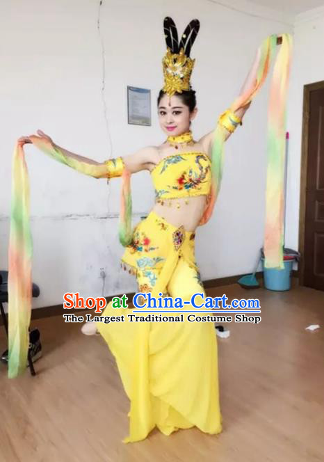 Chinese Traditional Classical Dance Yellow Dress Dunhuang Flying Apsaras Stage Performance Costume for Women