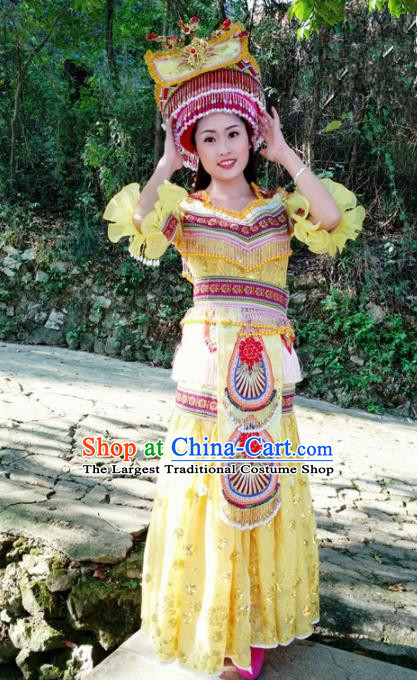 Chinese Traditional Miao Nationality Yellow Dress Minority Ethnic Folk Dance Costume for Women