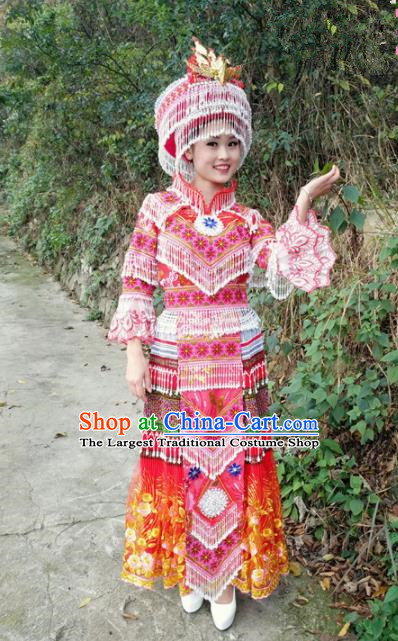 Traditional Chinese Miao Nationality Red Dress and Hat Minority Ethnic Folk Dance Costume for Women