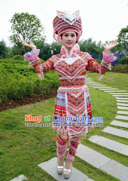 Traditional Chinese Miao Nationality Red Short Pleated Dress Minority Ethnic Folk Dance Costume and Hat for Women