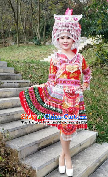 Traditional Chinese Miao Nationality Folk Dance Beads Tassel Red Short Dress Minority Ethnic Wedding Stage Performance Costume for Women