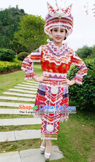 Traditional Chinese Minority Ethnic Folk Dance Red Short Dress Miao Nationality Stage Performance Costume and Hat for Women