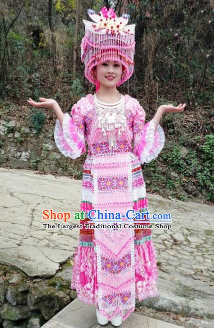 Traditional Chinese Minority Ethnic Folk Dance Embroidery Pink Dress Miao Nationality Stage Performance Costume and Hat for Women