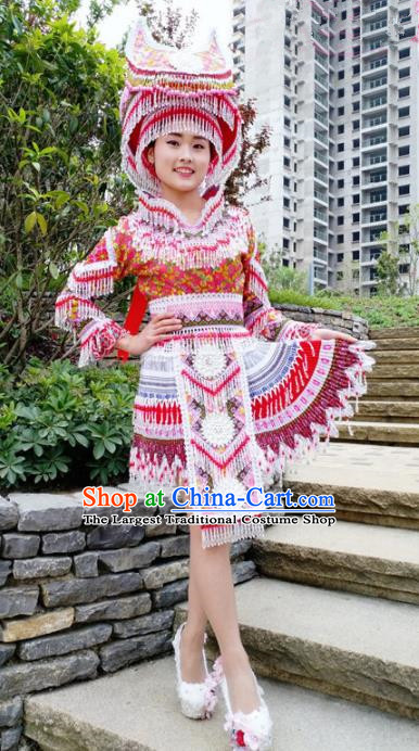 Traditional Chinese Minority Ethnic Folk Dance Embroidery Short Dress Miao Nationality Stage Performance Costume and Hat for Women