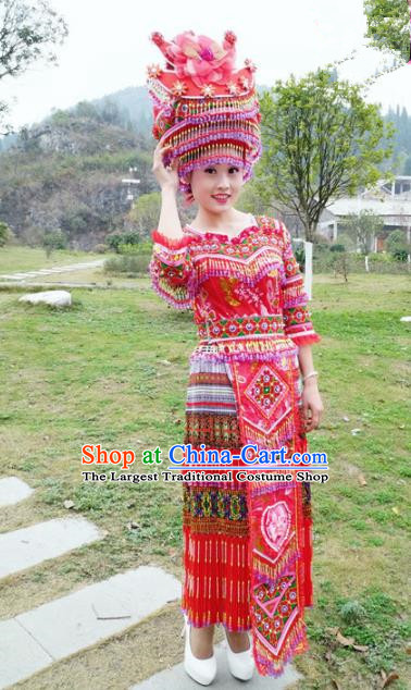 Traditional Chinese Miao Nationality Bride Embroidered Red Dress Minority Ethnic Folk Dance Stage Performance Costume for Women