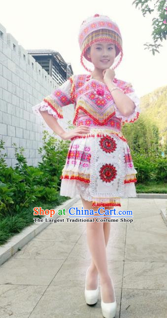 Traditional Chinese Miao Nationality Female Costume Minority Ethnic Folk Dance Stage Performance Short Dress and Hat for Women