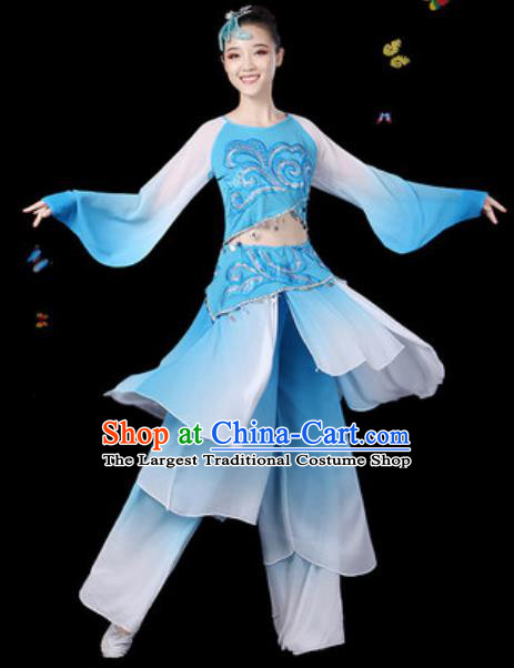 Traditional Chinese Classical Dance Blue Clothing Umbrella Dance Group Dance Stage Performance Costume for Women