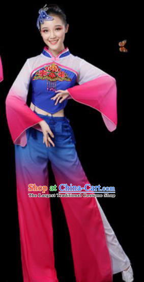 Traditional Chinese Yangko Group Dance Royalblue Clothing Folk Dance Fan Dance Stage Performance Costume for Women