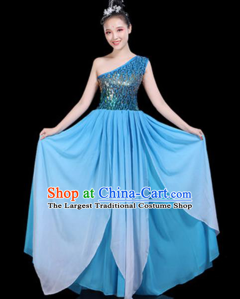 Traditional Chinese Spring Festival Gala Opening Dance Blue Paillette Dress Modern Dance Stage Performance Costume for Women