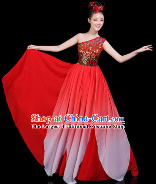 Traditional Chinese Spring Festival Gala Opening Dance Red Paillette Dress Modern Dance Stage Performance Costume for Women