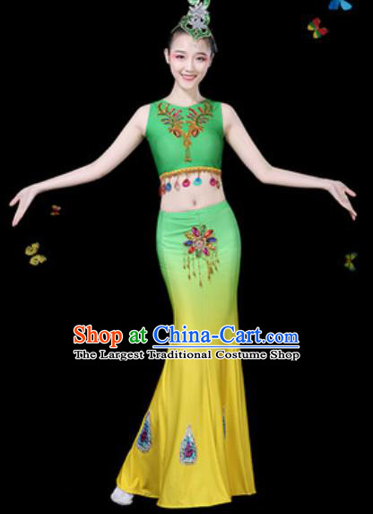 Traditional Chinese Minority Ethnic Peacock Dance Gradient Green Dress Dai Nationality Stage Performance Costume for Women