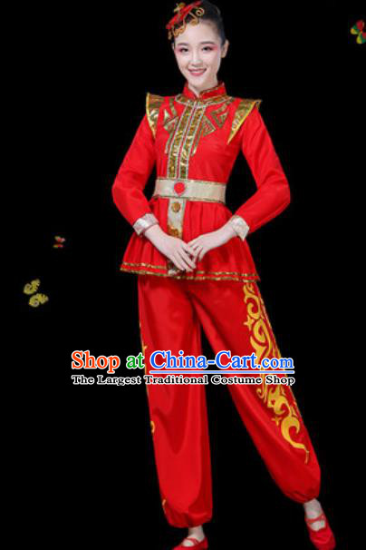 Traditional Chinese Group Dance Yangko Red Clothing Folk Dance Fan Dance Stage Performance Costume for Women