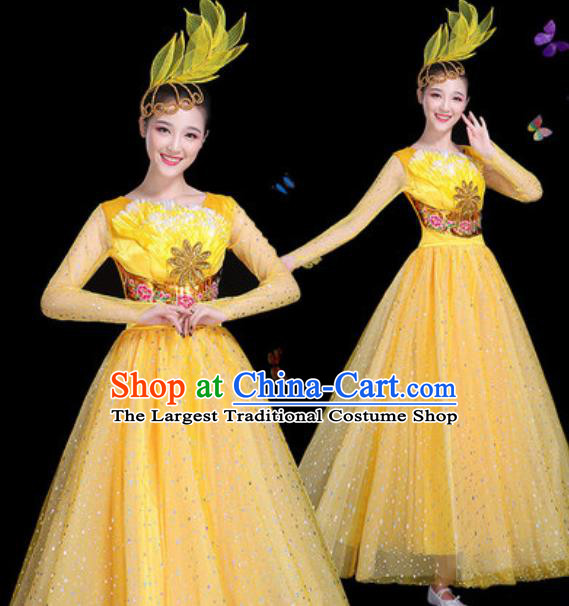 Traditional Chinese Modern Dance Yellow Veil Dress Spring Festival Gala Opening Dance Stage Performance Costume for Women