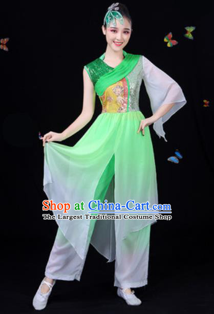 Chinese Traditional Classical Dance Green Clothing Fan Dance Group Dance Stage Performance Costume for Women