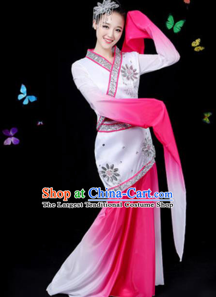 Chinese Traditional Classical Dance Rosy Water Sleeve Dress Umbrella Dance Group Dance Stage Performance Costume for Women