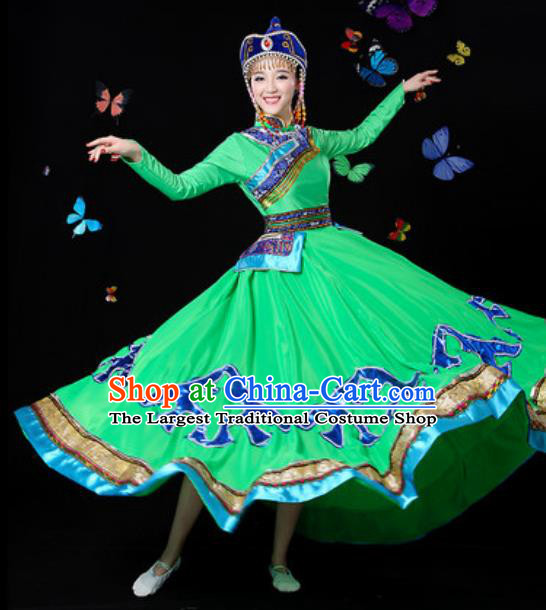 Traditional Chinese Minority Ethnic Green Dress Mongol Nationality Folk Dance Stage Performance Costume for Women