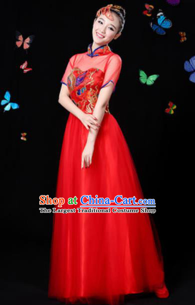 Chinese Traditional Classical Dance Red Veil Dress Umbrella Dance Group Dance Stage Performance Costume for Women