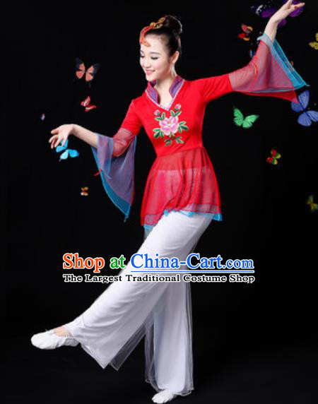 Traditional Chinese Yangko Dance Red Veil Clothing Folk Dance Fan Dance Stage Performance Costume for Women