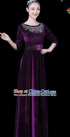 Traditional Chinese Modern Dance Purple Dress Chorus Stage Performance Costume for Women