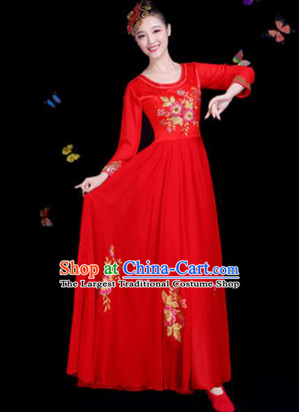 Traditional Chinese Modern Dance Red Dress Chorus Stage Performance Costume for Women