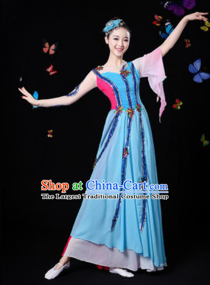 Chinese Traditional Classical Dance Blue Dress Umbrella Dance Group Dance Stage Performance Costume for Women