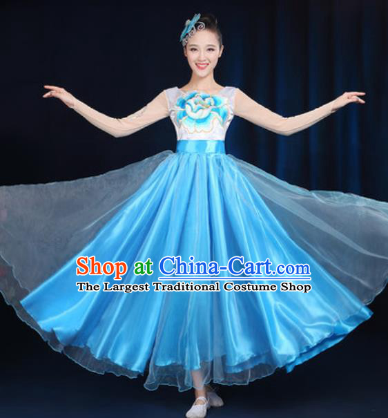 Traditional Chinese Modern Dance Peony Dance Blue Dress Spring Festival Gala Opening Dance Stage Performance Costume for Women