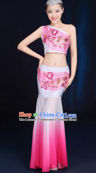 Traditional Chinese Minority Ethnic Pink Dress Dai Nationality Peacock Dance Stage Performance Costume for Women