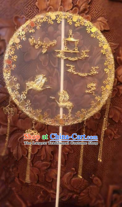 Traditional Chinese Wedding Golden Crane Tassel Palace Fans Ancient Palace Bride Round Fan Accessories for Women