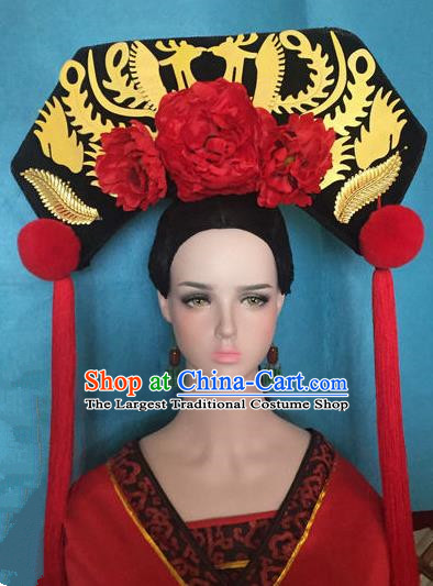 Traditional Chinese Qing Dynasty Palace Red Peony Headwear Ancient Manchu Lady Hair Accessories for Women