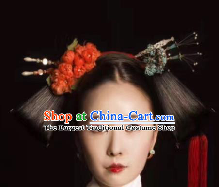 Traditional Chinese Qing Dynasty Manchu Princess Wigs Ancient Palace Empress Chignon Hair Accessories for Women