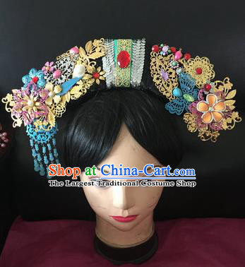 Traditional Chinese Qing Dynasty Princess Blue Tassel Headwear Ancient Manchu Lady Hair Accessories for Women