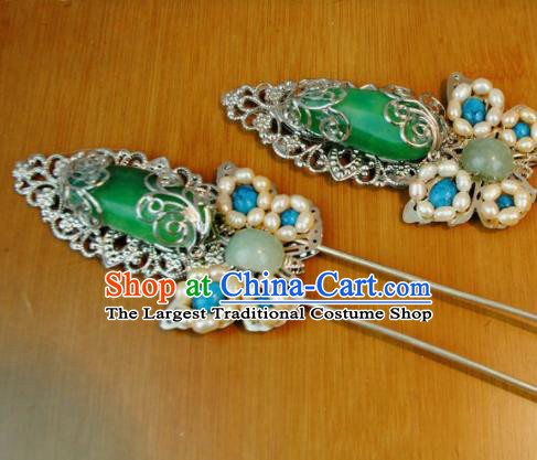 Traditional Chinese Qing Dynasty Princess Jade Hairpins Handmade Ancient Manchu Lady Hair Accessories for Women