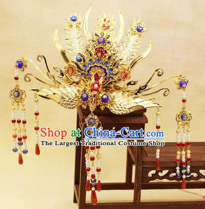 Traditional Chinese Handmade Agate Tassel Phoenix Coronet Hairpins Ancient Queen Hair Accessories for Women