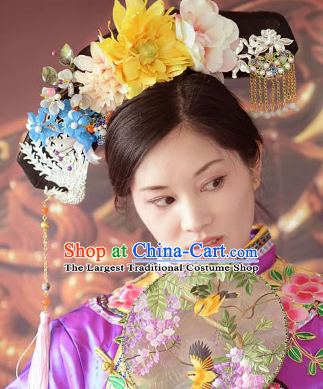 Traditional Chinese Qing Dynasty Manchu Imperial Consort Headwear Hairpins Ancient Handmade Queen Hair Accessories for Women