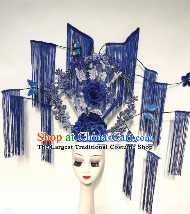 Handmade Chinese Stage Show Blue Tassel Hair Clasp Hair Accessories Brazilian Carnival Catwalks Headdress for Women